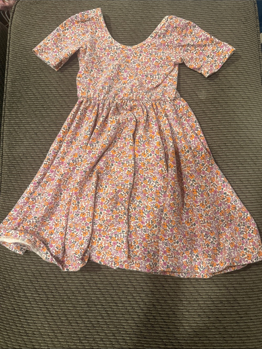 Girls Cotton Floral Scoop Dress in Pink and Orange